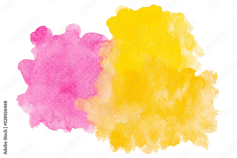 Abstract watercolor background hand-drawn on paper. Volumetric smoke elements. For design, web, card, text, decoration, surfaces. Yellow, Orange and Pink Watercolor.