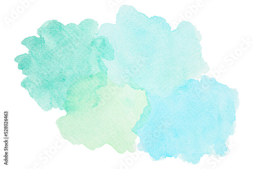 Abstract watercolor background hand-drawn on paper. Volumetric smoke elements. For design, web, card, text, decoration, surfaces. Green and Blue shades watercolor.
