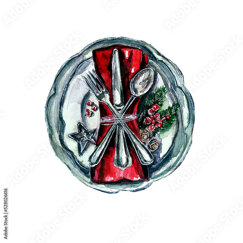 Watercolor illustrations of plate decorated in Christmas style with red nepkin and branch of pine. Christmas table setting.