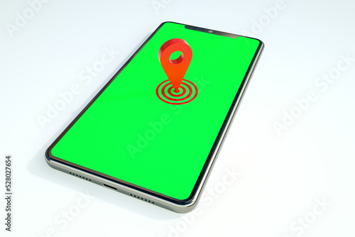 Smartphone with pin map location on top of green screen on white background for mockup.