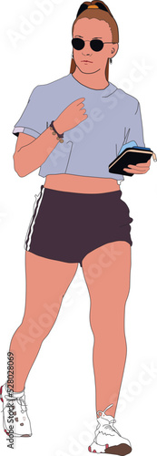 Proud woman in sunglasses listens to music on headphones and goes jogging outdoors. Satisfied runner looks away. fictional character