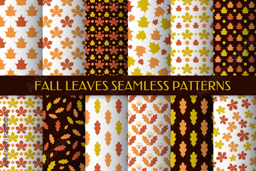 Fall leaves seamless pattern set. Autumn vector background for fabric, clothes, scrapbooking, wrapping paper, etc
