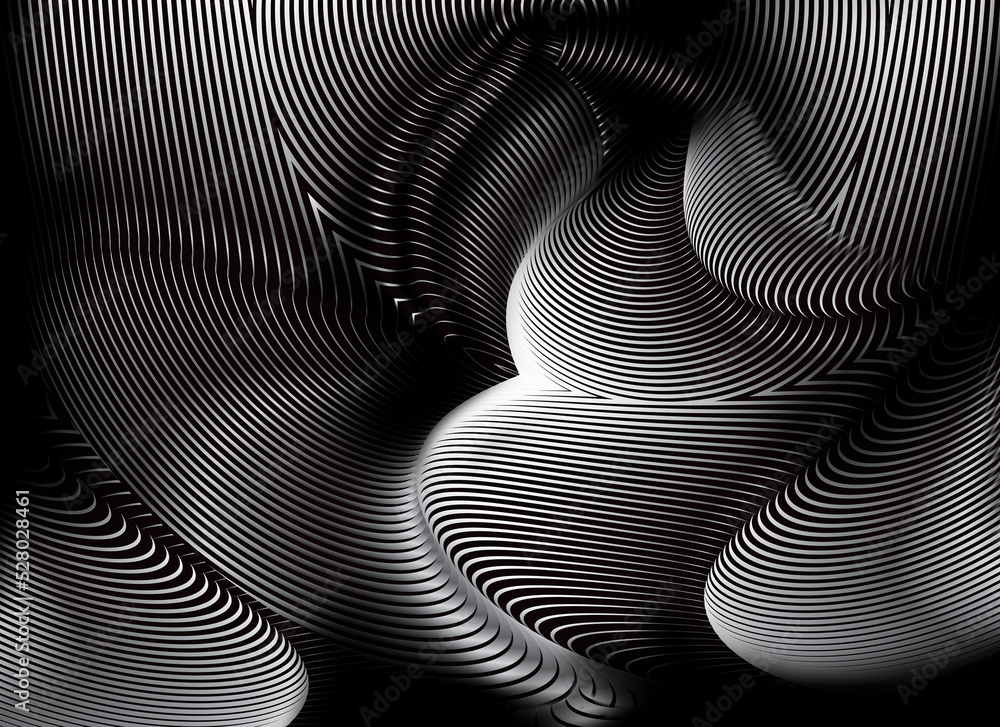Black and white wavy stripes surface on black background, exclusive abstract texture illustration