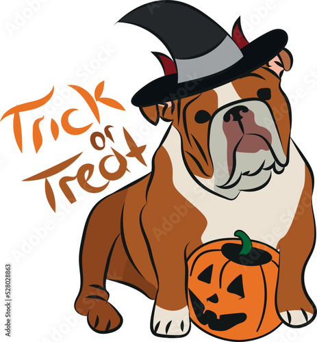 Dog Halloween greeting card with a sitting English Bulldog. Dog in costume, pumpkin in paw. Postcard for dog lovers. 