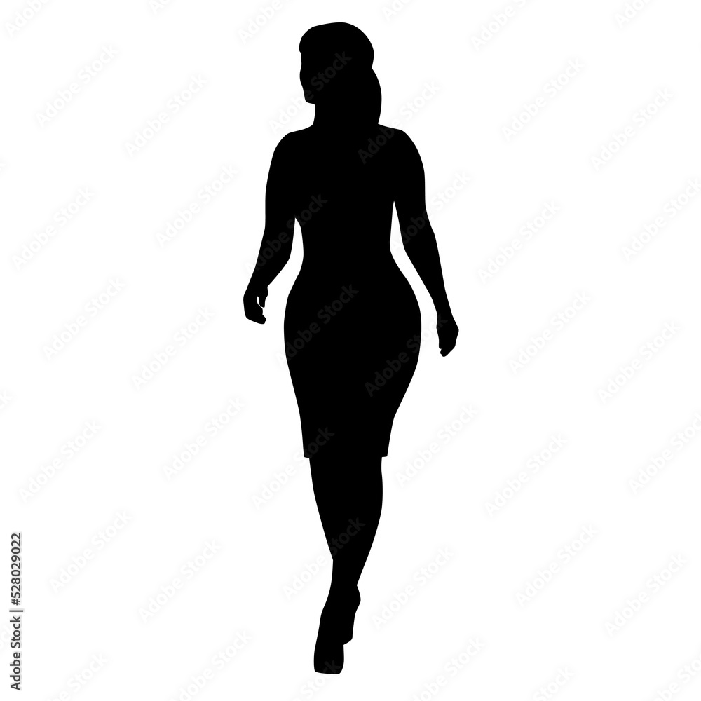 Vector silhouette of  standing  woman, the beautiful plus size fashion woman, black color, isolated on a white background