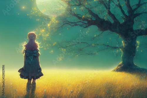 girl standing in field looking at glowing magical  tree , digital painting © Coka