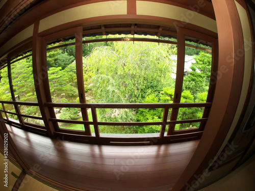 Japanese garden photographed with a fisheye lens