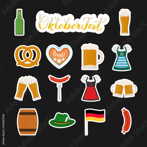 Traditional Oktoberfest sticker set. Heart-shaped gingerbread, pretzel, mug, glasses, bottle, sausage, dirndl, barrel, Alpine hat . Traditional Bavarian beer festival