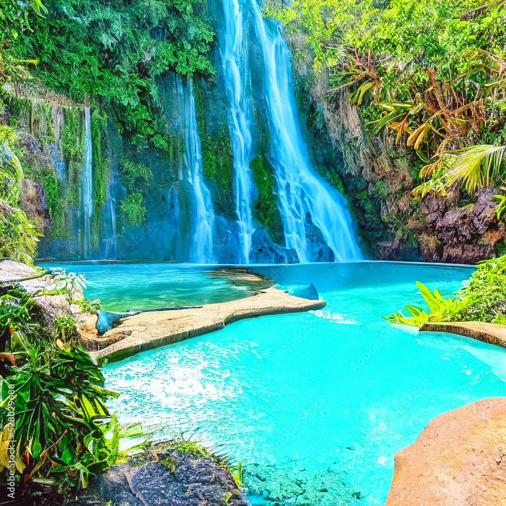 Naklejka premium Beautiful waterfall with sunlight in jungle, paradise fantasy island