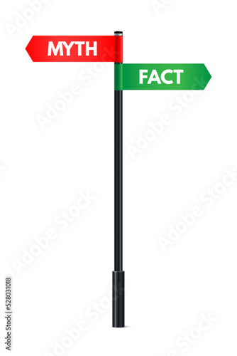 Signpost with myth and fact arrow signage, 3d metal pole with information boards