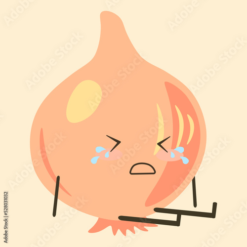 Fruit and vegetables. Crying onion. Cartoon characters emotion expressions. Upset face with tears. Healthy product. Vegetarian product. Sad mood. Raw plant. Vector food mascot sticker