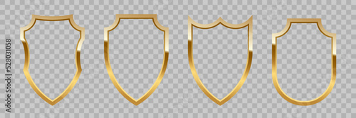 Gold shield frames set vector illustration. Realistic isolated golden armory trophy with metal coat, 3d luxury safety protection emblem of different shapes, vintage blank shiny royal award collection