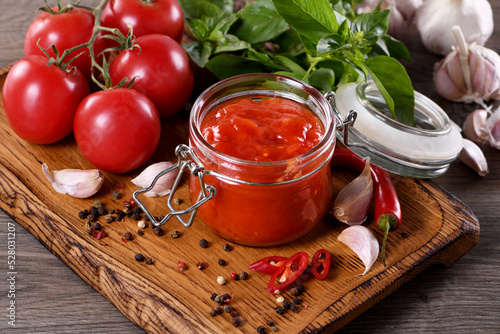 Traditional classic tomato sauce with spices and herbs. Fragrant dressing for various dishes. 