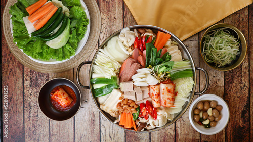 korean food Budae-jjigae spicy sausage stew