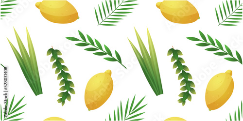 Sukkot pattern. Religious traditional holiday. Sukkah print. Lulav or Etrog. Four species. Succoth citrons. Lemon and palm leaves. Citrus fruit. Myrtle branch. Vector seamless background