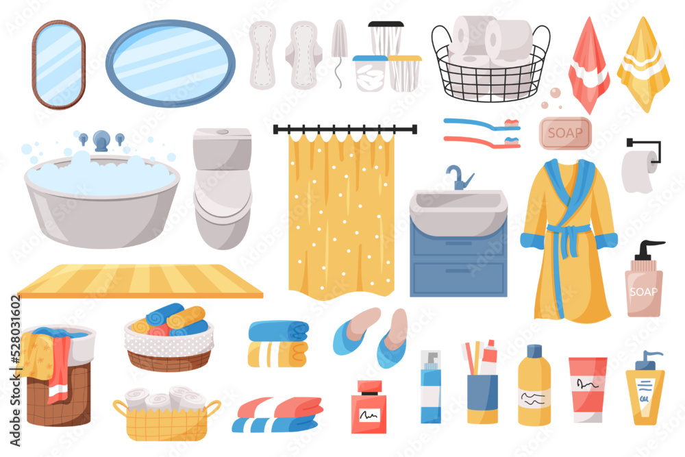 Bathroom hygiene products. Sanitary equipment. Shampoo and lotion. Personal care. Deodorant and bath soap. Shower tower. Bath curtain. Toilet paper and towels. Vector illustration set Bathroom hygiene products. Sanitary equipment. Shampoo and lotion. Personal care. Deodorant and bath soap. Shower tower. Bath curtain. Toilet paper and towels. Vector illustration set