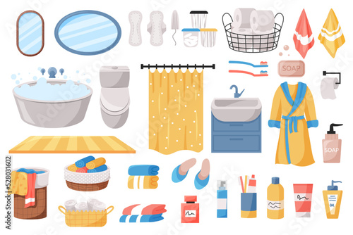 Bathroom hygiene products. Sanitary equipment. Shampoo and lotion. Personal care. Deodorant and bath soap. Shower tower. Bath curtain. Toilet paper and towels. Vector illustration set