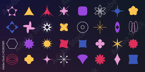 Geometric forms. Abstract shapes. Isolated star elements. Retro geometry figures set. Silhouette crosses and flowers. Contemporary basic lines. Squares and circles. Vector modern design