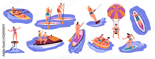 Water ski sport. People beach vacation. Surfer banana board. Parasailing ride. Tube paddle. Girl snorkeling. Boy surfing or kiteboarding. Summer activities. Vector illustrations set