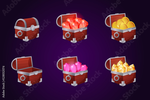 Game treasure chest, ui gems and coins. Golden pirate asset isolated fantasy elements angle view, money app, shiny ruby and diamond in open wooden box. jewelry objects. Vector cartoon icons