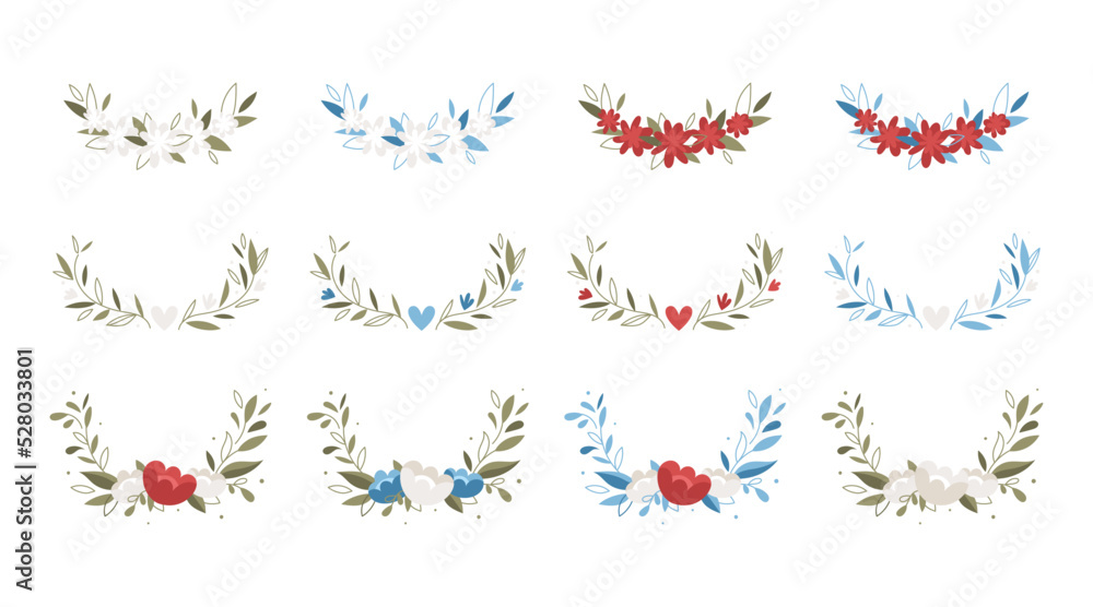 Set of floral wreath. Branch with leaves and flowers. Wedding decoration concept. Set of floral wreath. Branch with leaves and flowers. Wedding decoration concept.