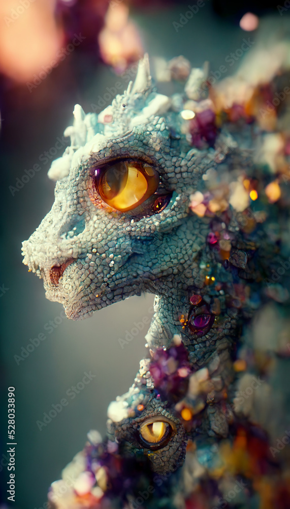 Fototapeta premium Cute dragon baby made from crystals, fantasy creatures made from magical crystals 3d rendering