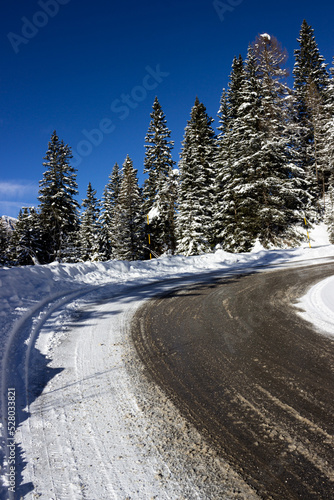 Winter landscape. Road to Tre Cime Di Lavaredo, Italy. Vertical image.