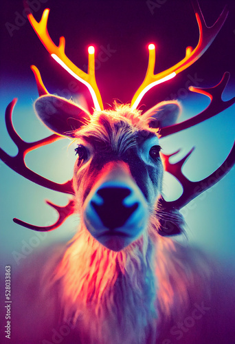 Fotobehang Christmas Reindeer with glowing horns, Christmas Illustration, Rudolph the Reind