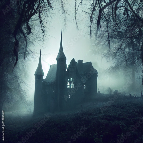 Gothic Castle in the dark forest, dark scary horror castle 3d rendering