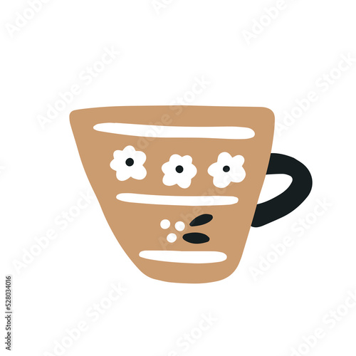 Single brown ceramic coffee or tea cup with ornament isolated on a white background. Hand drawn flat vector illustration in childish style. Graphic element for your t shirt, greeting design.