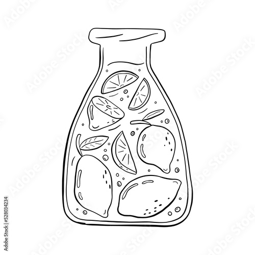 Printable coloring page for adult and childrens with outline jar and lemonade. Line art design for antistress colouring book. Hand drawn black and white illustration in vector doodle style