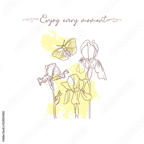 enjoy every moment slogan with contour sketch of iris flowers and butterfly , pastel color print, hand drawn illustration