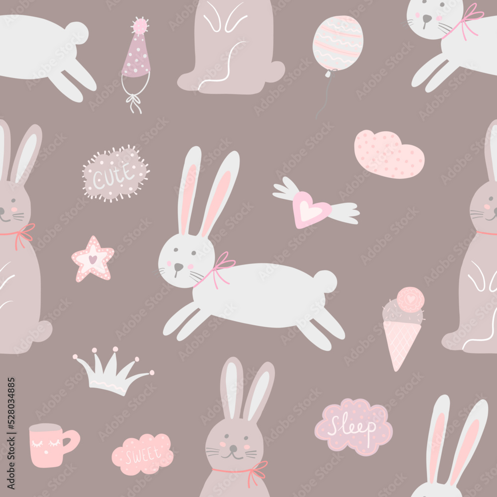 Seamless cute pink easter or happy birthday pattern with rabbits or new born bunnies and icecream and clouds pattern for kids apparel and gift or wrapping paper. Hearts and clouds. Seamless cute pink easter or happy birthday pattern with rabbits or new born bunnies and icecream and clouds pattern for kids apparel and gift or wrapping paper. Hearts and clouds.