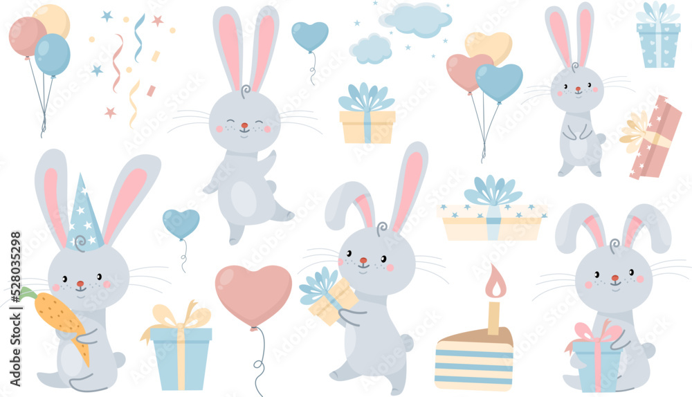Vector children's set. Cute rabbit celebrating a birthday. Collection for children's birthday. Gifts, cakes, balloons. Vector children's set. Cute rabbit celebrating a birthday. Collection for children's birthday. Gifts, cakes, balloons.
