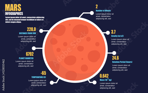 Mars facts infographic template. universe infographics for presentation banner, website. Flat design. Vector illustration.