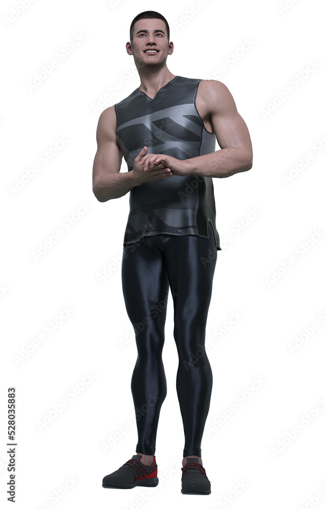 Fototapeta premium 3D Render : smiling young man wearing tank top, sport legging pants and sneakers is standing and waiting , PNG transparent