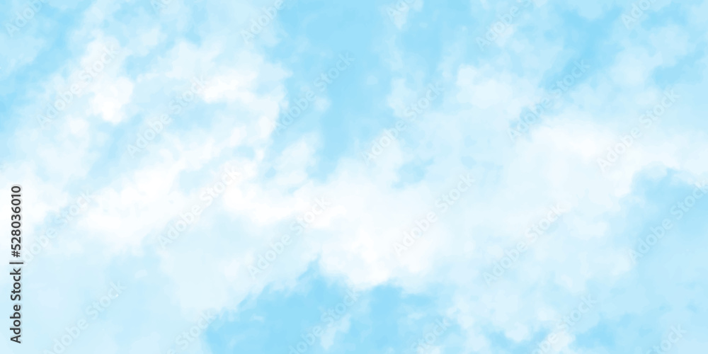 Panorama of blue sky with white clouds. Sky clouds landscape light background.White cumulus clouds formation in blue sky. sunny heaven landscape, bright cloudy sky view from airplane, copy space.><