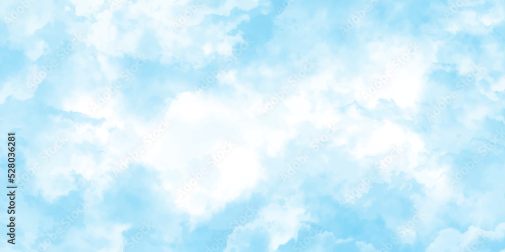 Panorama of blue sky with white clouds. Sky clouds landscape light background.White cumulus clouds formation in blue sky. sunny heaven landscape, bright cloudy sky view from airplane, copy space.><