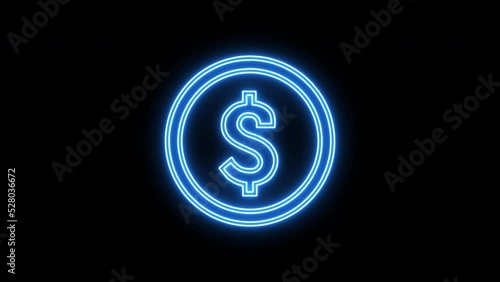4k Animated Dollar Icon. Colorful Neon Light Dollar Sign USA Currency Digital Animation Isolated on Black Backdrop. Green Neon Dollar Cents Sign and USD Coin. USA Payment system. Dollar sign abstract. photo
