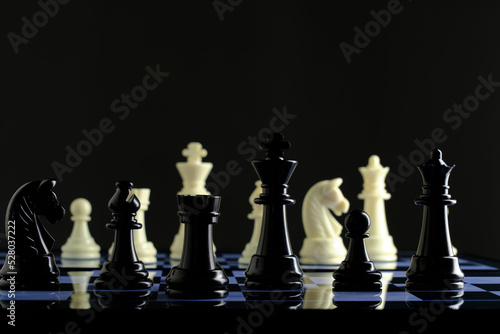 Black and white chess pieces on chess board.