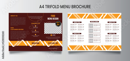Food trifold menu brochure template and café on a dark chalkboard, food trifold menu brochure fast food menu brochure in A4 size print ready template, menu design