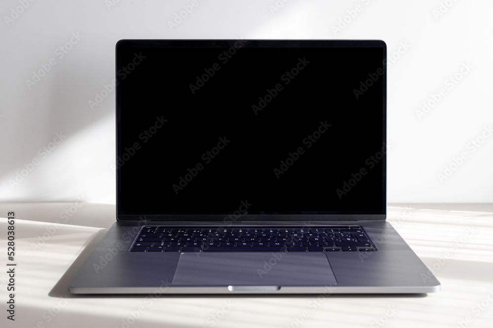 Front view of Modern laptop with empty black screen on minimalist desk. Template Mock up Front view of Modern laptop with empty black screen on minimalist desk. Template Mock up