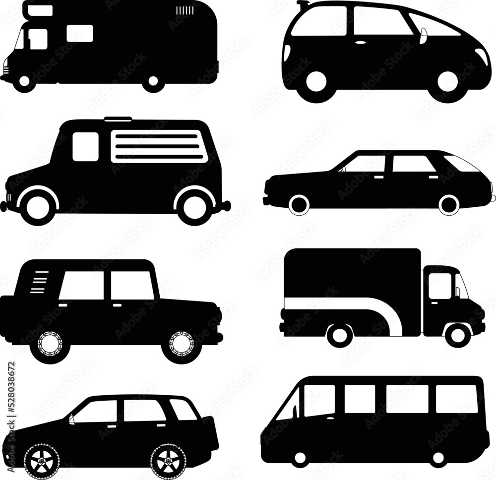 Collections of micro bus Vehicle's flat isolated vector Silhouettes