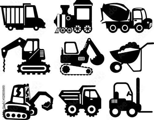 Set of Constructions Mixer Vehicles flat isolated vector Silhouettes