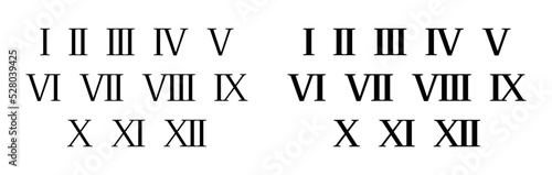 Roman numerals icon set isolated on white background. Numbers from one to twelve. Vector illustration.