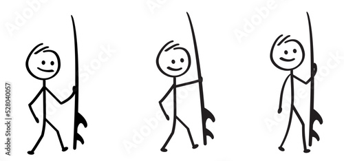 Cartoon surf stickman, stick figure man andb surfboard. Summer surfing. Surf board for wave. Surfer for water sport.