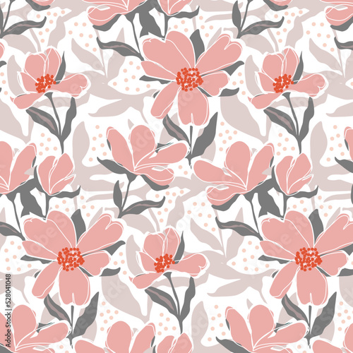 Background pattern with pink flowers and leaves. Botanical leaves, organic forms, eco-friendly. Vector design pattern, packaging and template for covers, fabrics, prints. © leafyori