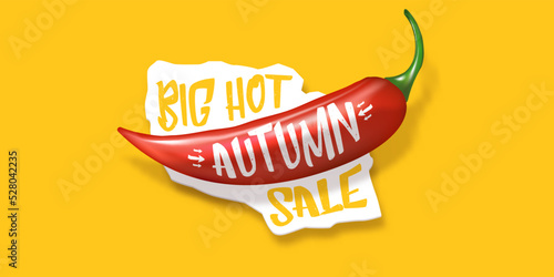 Big Hot Autumn sale horizontal banner with red chili cayenne pepper isolated on orange background. Vector 3d horizontal Autumn hot sale poster, flyer, banner, tag and background