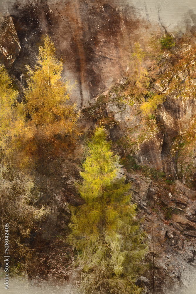 Digital watercolour painting of Stunning vibrant Autumn landscape image of forest woodlands around Holme Fell in Lake District Digital watercolour painting of Stunning vibrant Autumn landscape image of forest woodlands around Holme Fell in Lake District