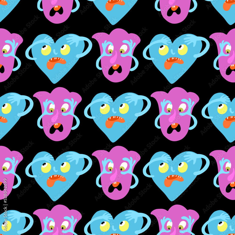 Fototapeta premium Seamless vector monster pattern with blue ghosts heart and pink crying flower face on black background for wrapping or gift paper and kids textile apparel